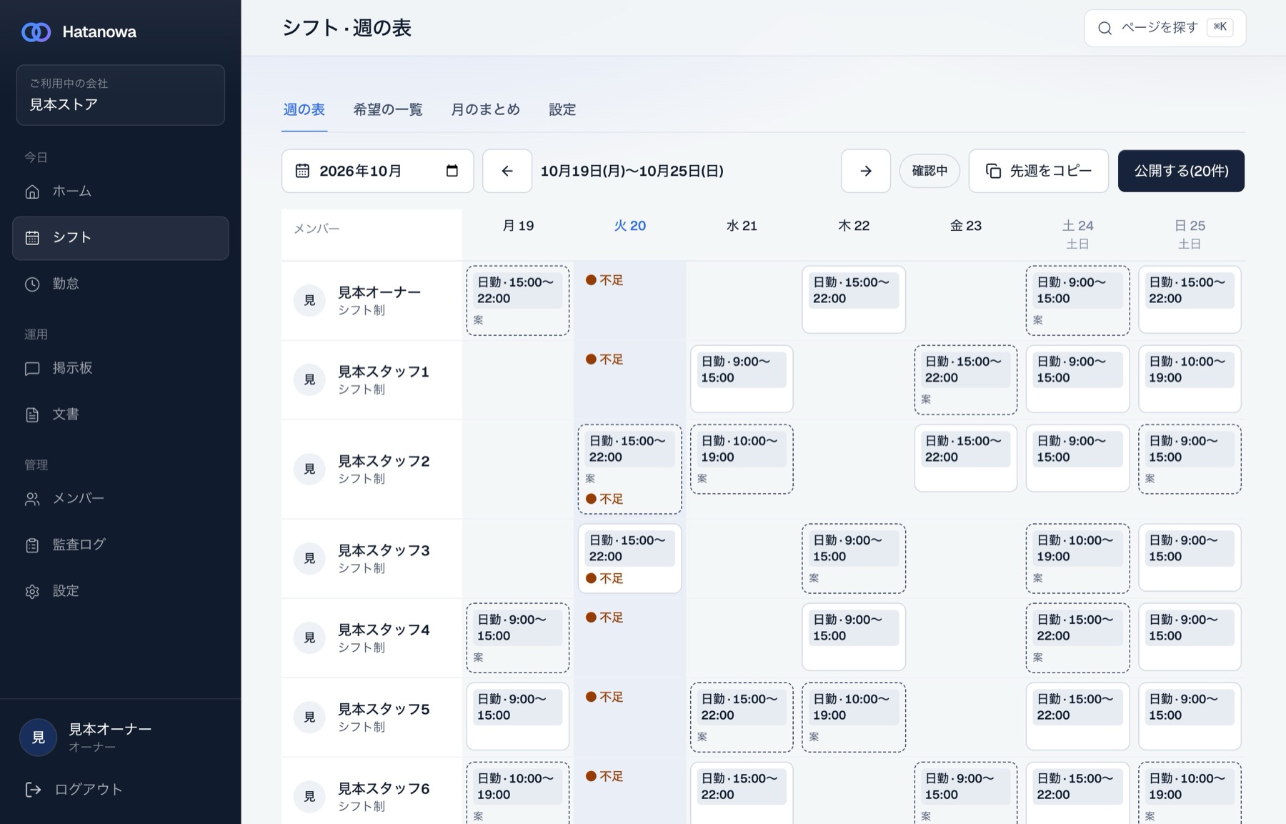 パソコンで開いたシフトの週表(デモの画面)